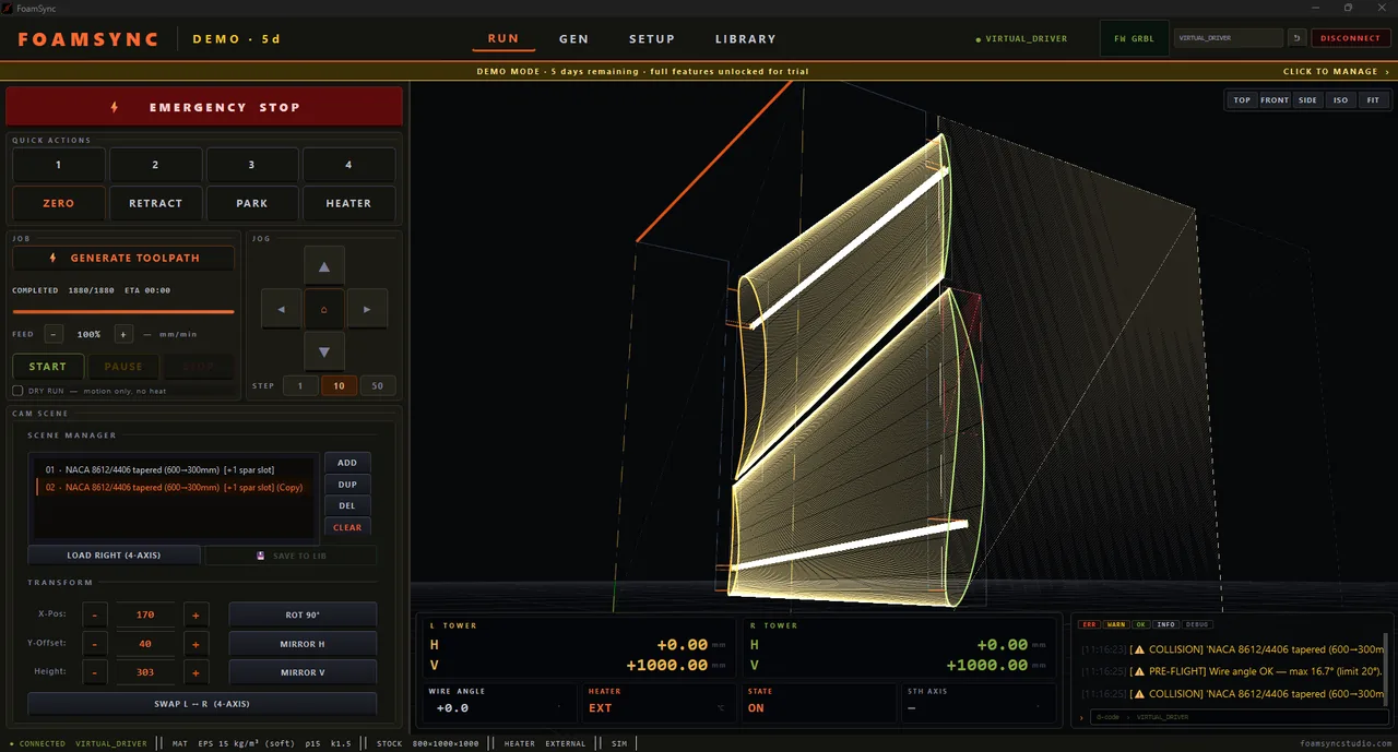 4-axis wing toolpath — live preview